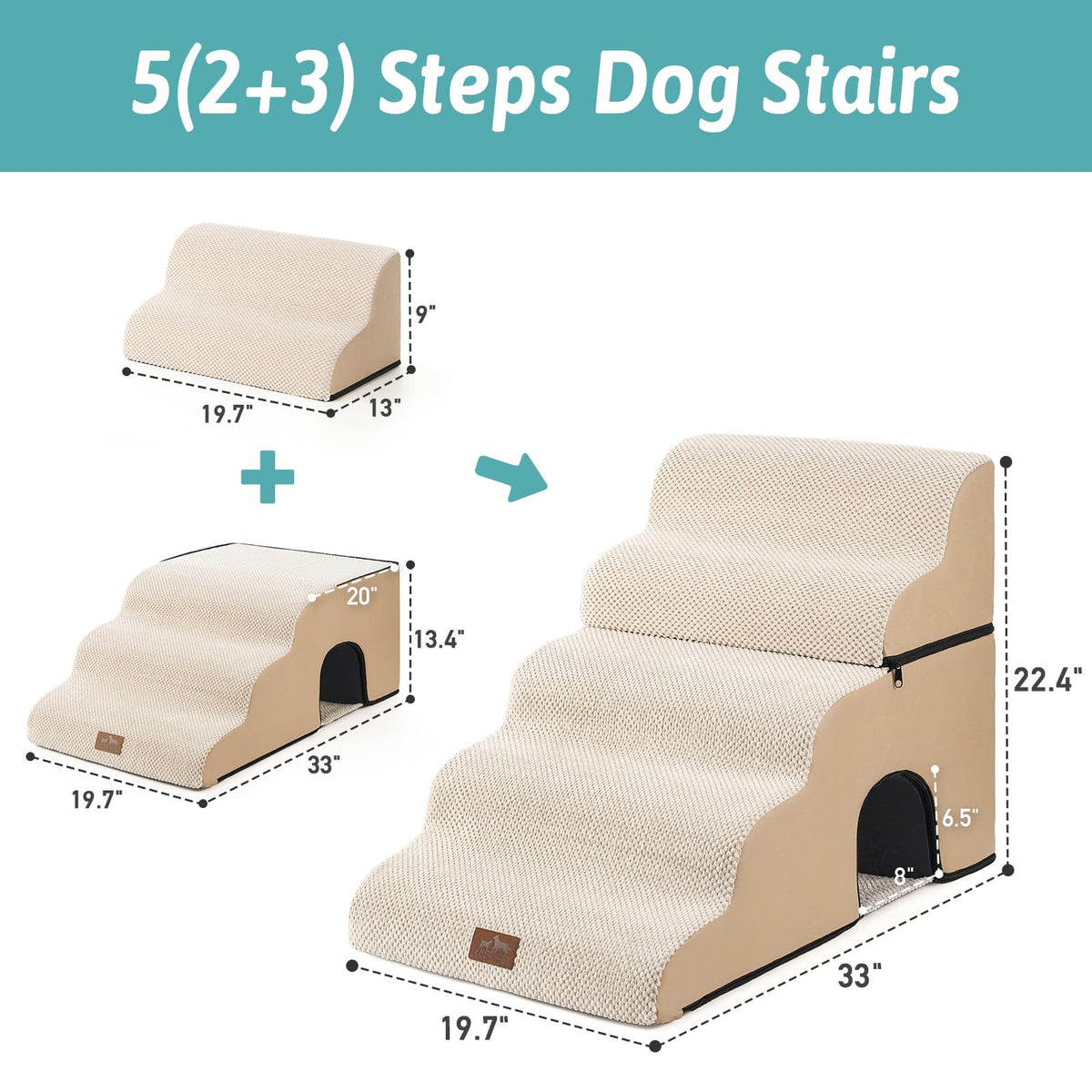 Extra Wide Small Dog Stairs with Tunnel (Beige / Detachable 19.7" x 33" x 22.4")