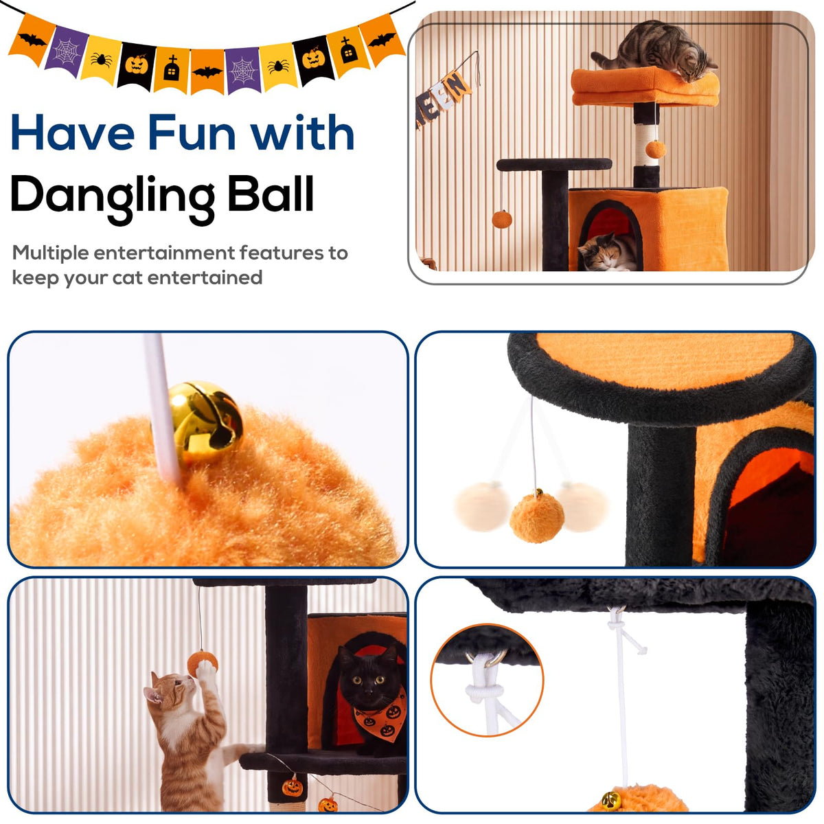 44 Inch Cat Tree Tower with Natural Sisal Scratching Posts (Black & Orange / 44 Inch)
