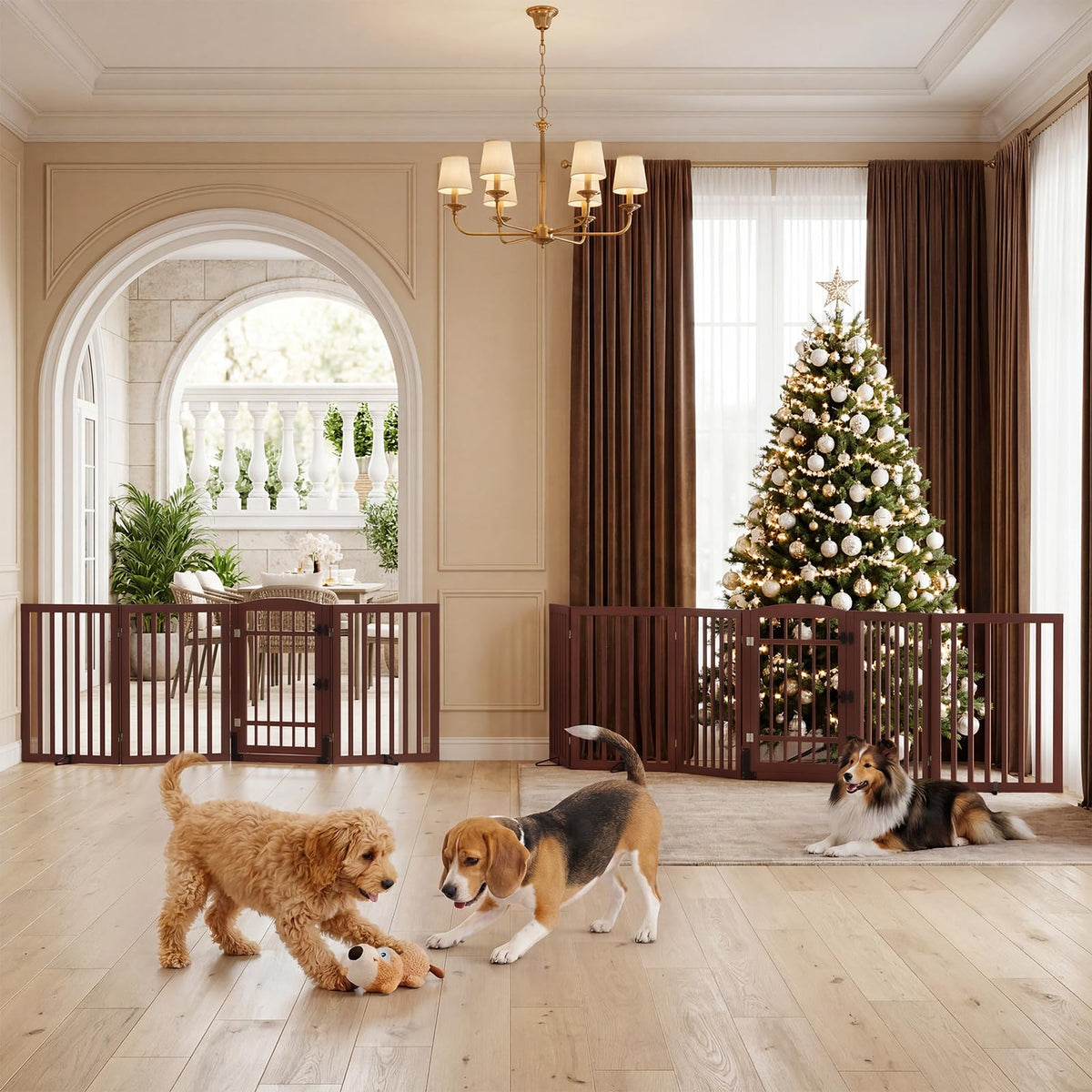 Dog Gate Indoor with Door (Espresso / 88"Wx30"H, 4-Panel)