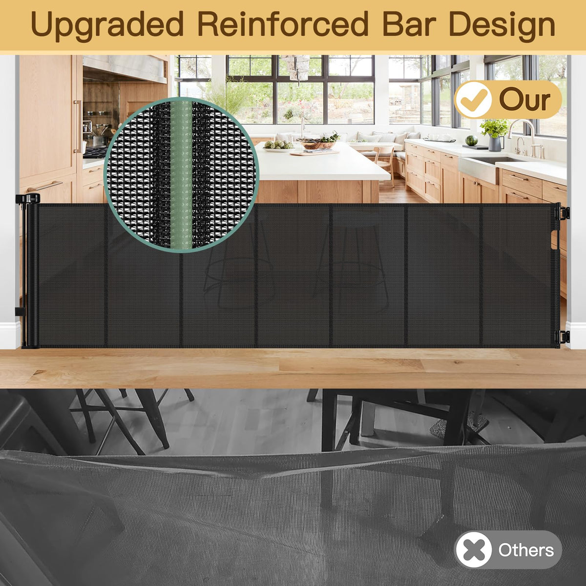Reinforced 200 Inch Extra Wide Retractable Baby Gates to Prevent Crawling Through (Black / 37" Tall x 200" Wide（ With Reinforced Bar ）)