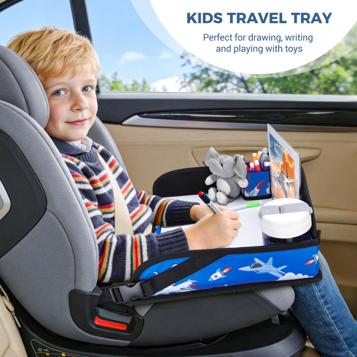Kids Travel Tray for Car Seat (Blue Plane)