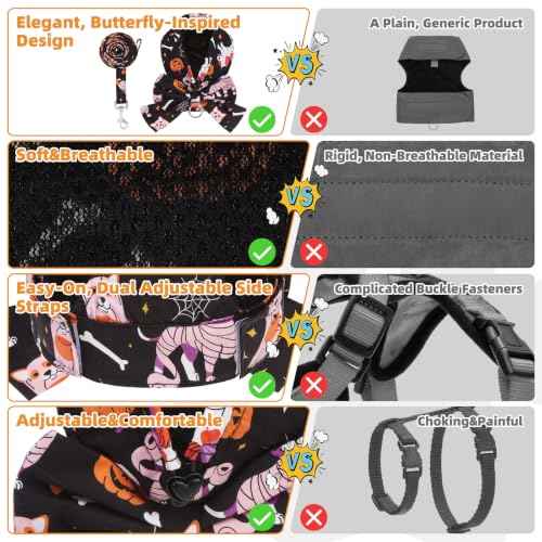 Halloween Dog Harness and Leash Set for Small Medium Sized Dogs Cats (BLACK / M (Chest Girth: 16.1"-18.9"))