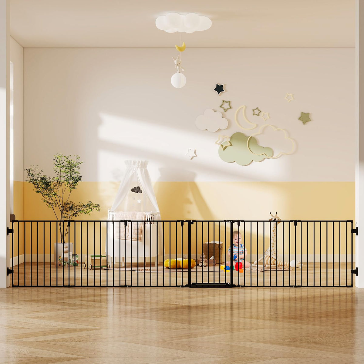 144" Extra Wide Baby Gate with Door (Black / 144" Wide)