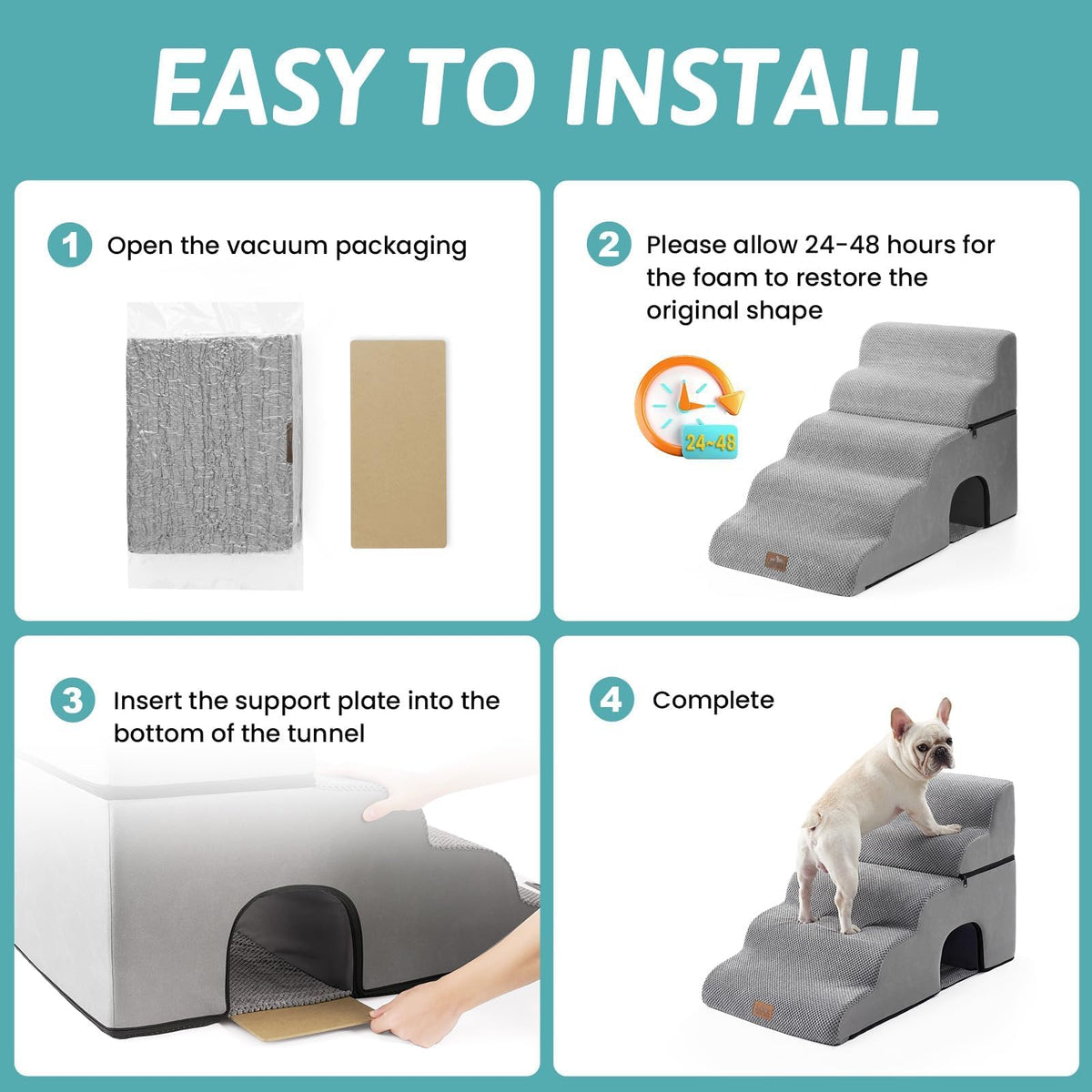 Extra Wide Small Dog Stairs with Tunnel (Grey / Detachable 19.7" x 33" x 22.4")