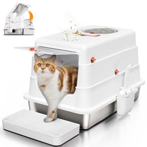 Stainless Steel Cat Litter Box with Lid (flip top-white)