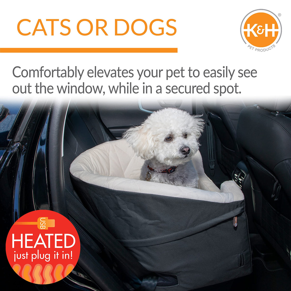 Bucket Booster Washable Medium and Small Dog Car Seat with Dog Seat Belt for Car (Heated Large / Charcoal/Cream)