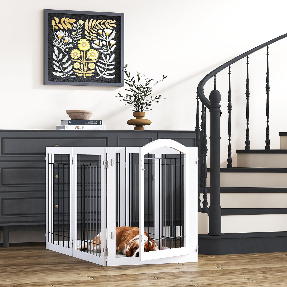 Dog Gate Indoor with Door (White / 【6 Panels with Door】144"W x 32"H)