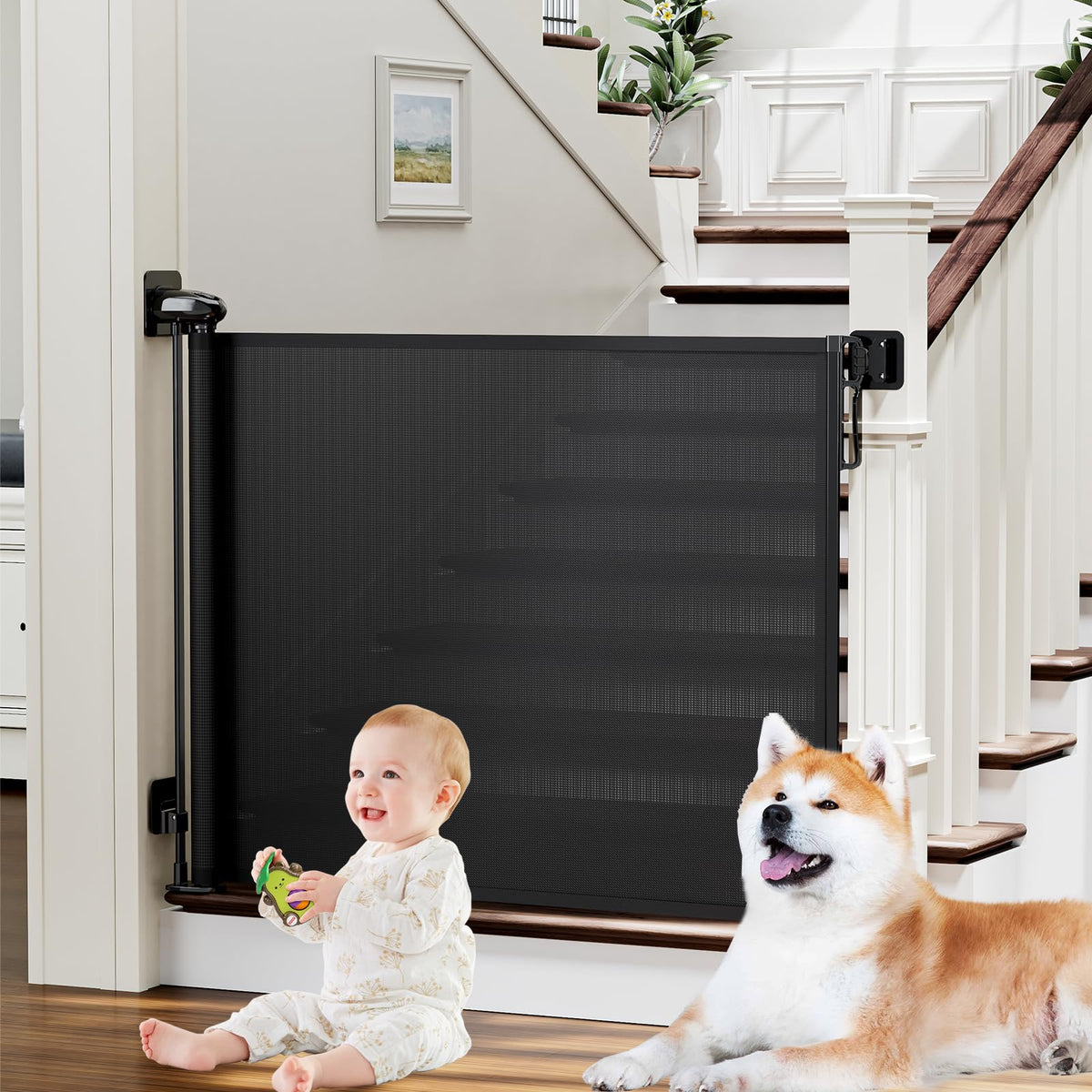 Retractable Baby Gates for Stairs No Drill (A-black / 34.0"Tall x 54.0"Wide)