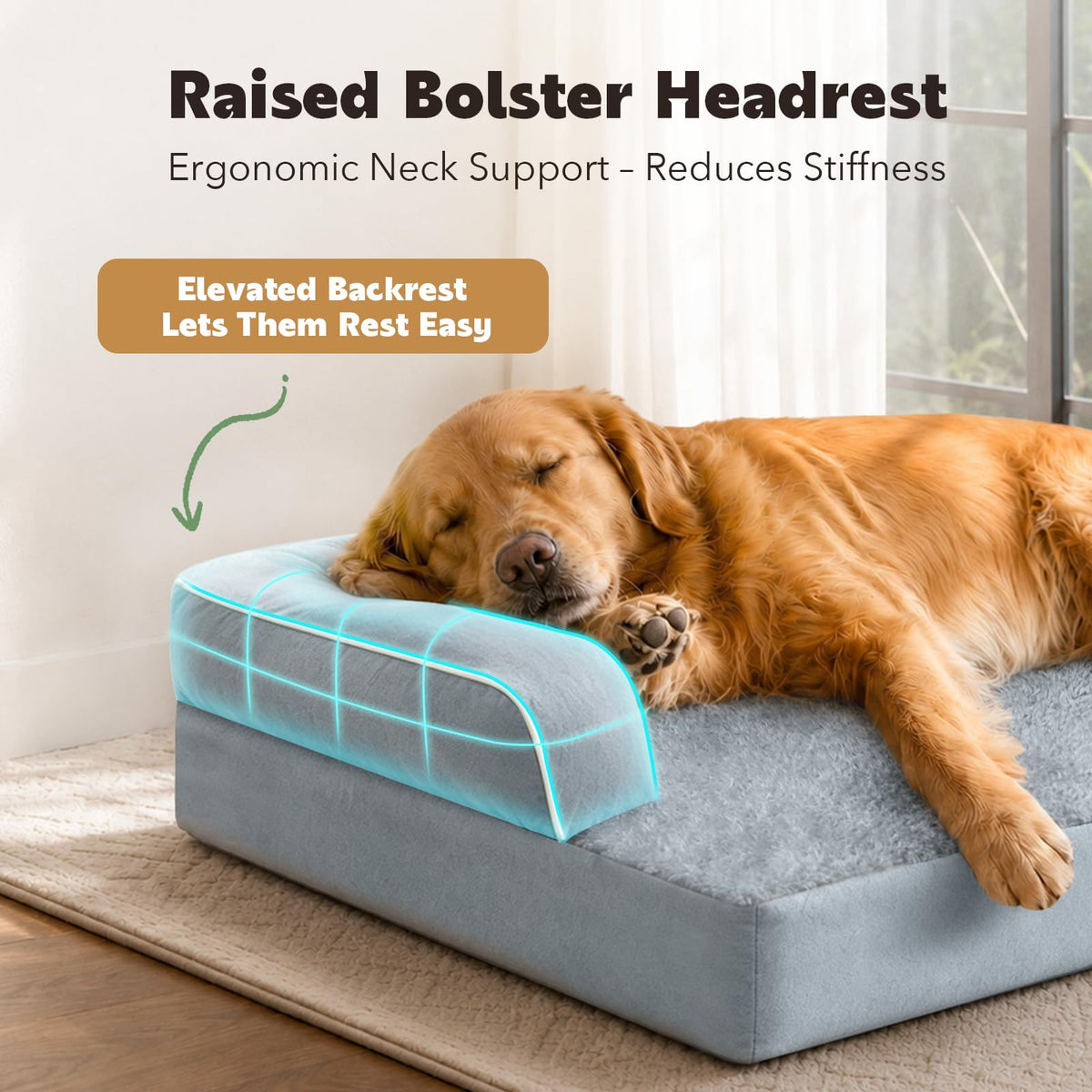 Orthopedic Waterproof Dog Bed with Bolster for Extra Large Size Dogs (48.0"L x 33.0"W x 7.5"Th / Grey)