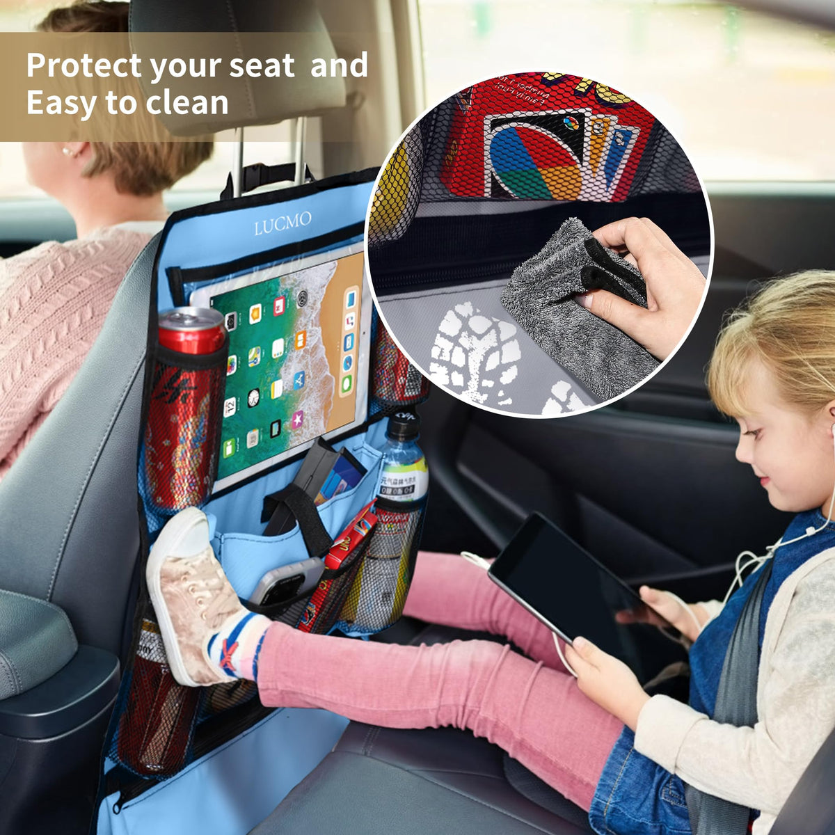 Car Backseat Organizer with Touch Screen Tablet Holder (Light Blue-1 / 2 Pack)
