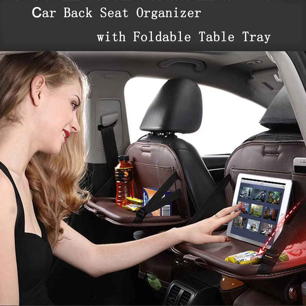 Premium PU Leather Backseat Seat Organizer with Foldable Table (1 Pack / Brown)