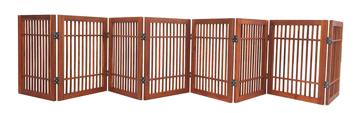 Freestanding Wooden Dog Gate Foldable Indoor Pet Gate No Drill Expandable Barrier for Doorways Stairs Hallways Portable Wood Fence for Small Dogs & Puppies (8 Panel 24" Tall / Brown Pet Gate)