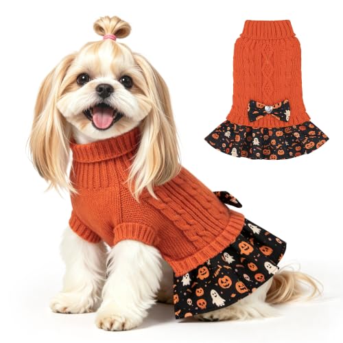Small Dog Sweater Dress with Bowtie Turtleneck (Large (14-21lbs) / Pumpkin Orange)
