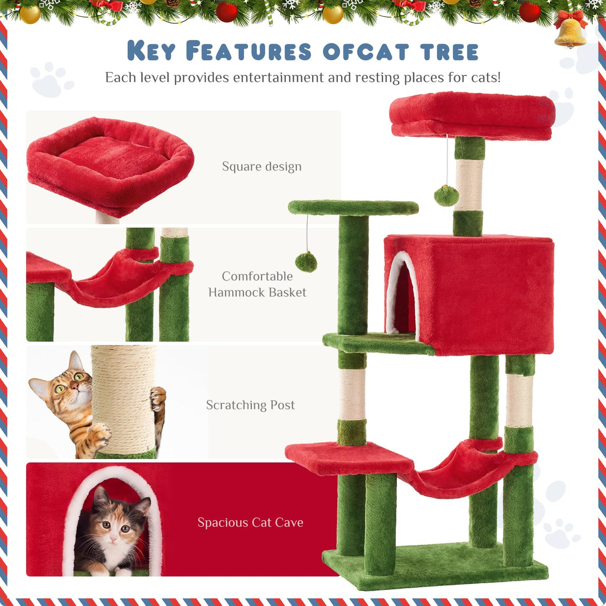 44 Inch Cat Tree Tower with Natural Sisal Scratching Posts (Red & Green / 44 Inch)