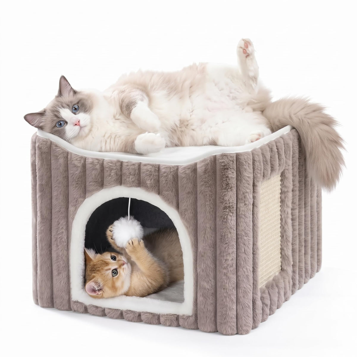 3-in-1 Cat Cave Bed for Indoor Cats with Scratch Pad (Lightbrown)