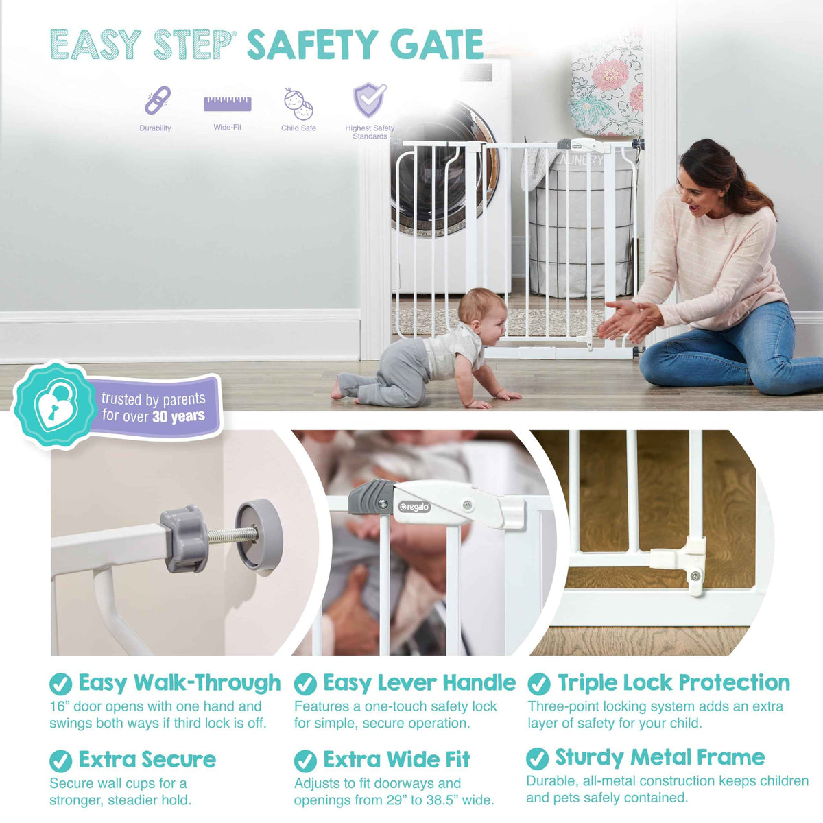 Safety 29" 38.5" Easy Step Baby Gate (White / 29-38.5"W x 30"H)