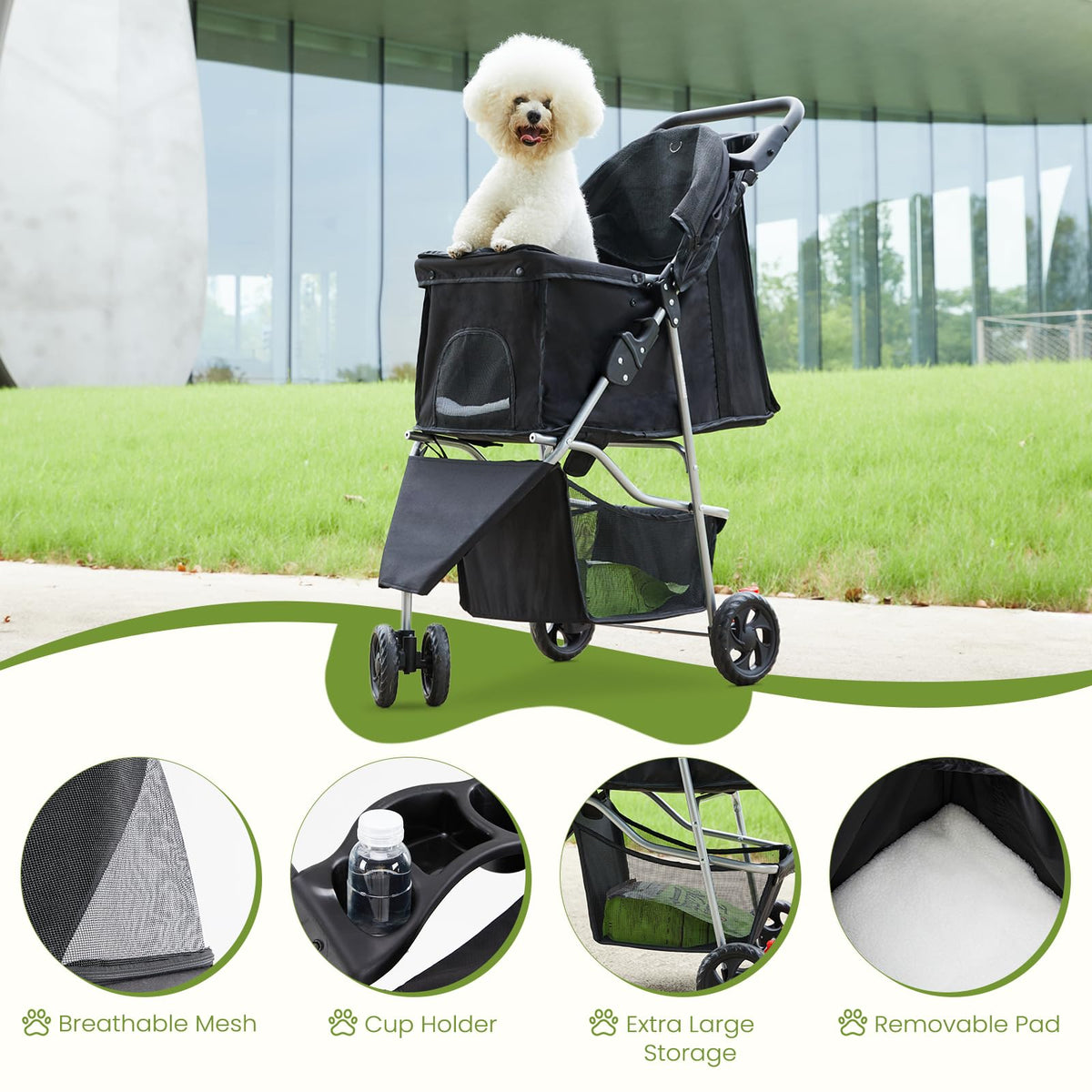 3 Wheel Dogs Stroller for Small to Medium Pets (Black / 29.1" x 17.7" x 39.4")