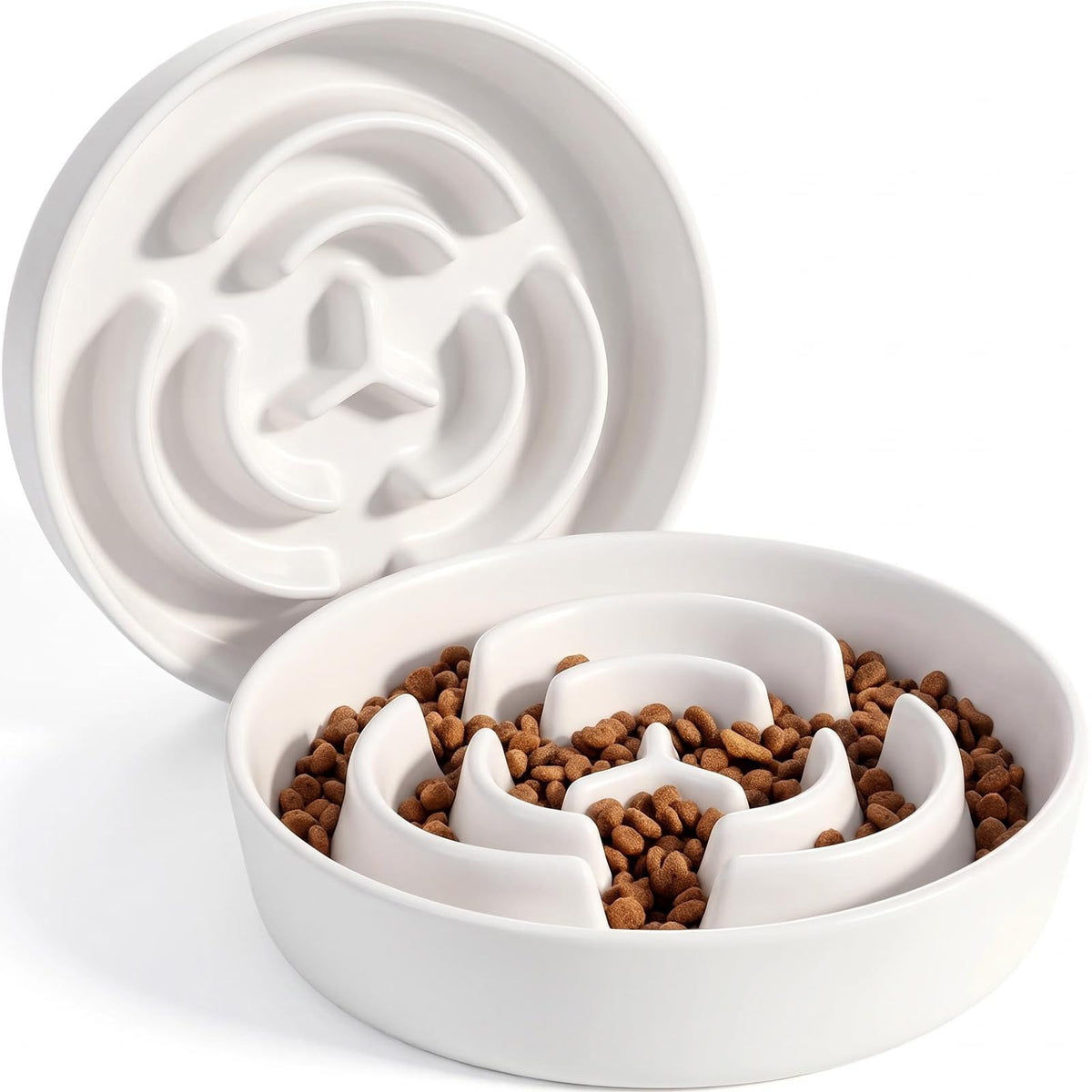 2 Pack Ceramic Slow Feeder Dog Bowls 1.6 Cups for Medium & Small Fast Eater (White + White / 2 Pack M - 1.6 Cups)