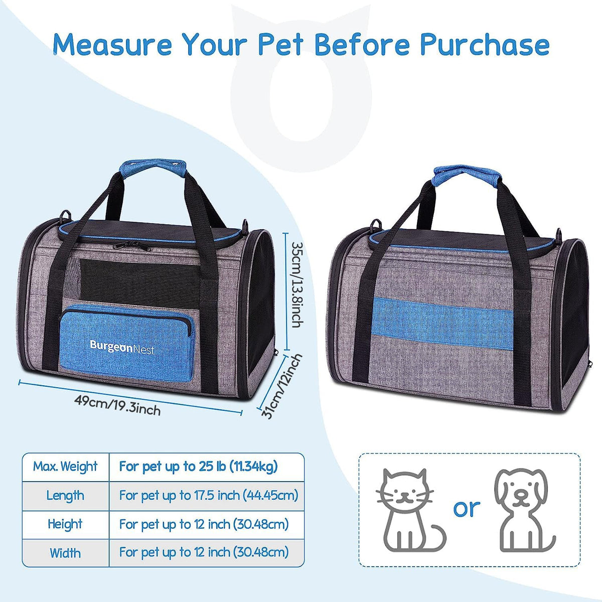 Pet Carrier for Large Cats up to 25 lbs with Unique Side Bag (Blue / 19.3"L x 12.0"W x 13.4"H)