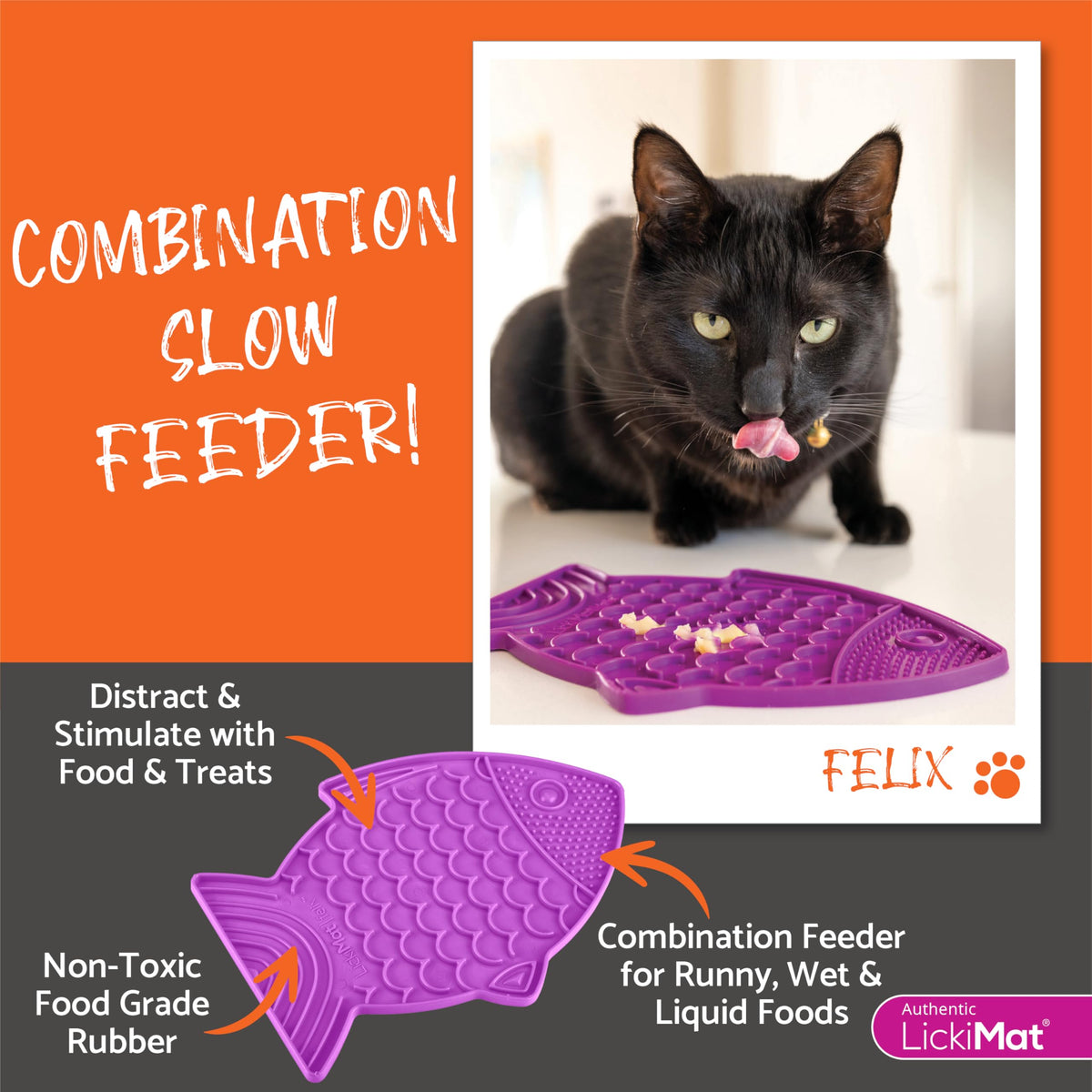 Felix, Fish-Shaped Cat Slow Feeders Lick Mat, Boredom Reducer; Perfect for Food, Treats, Yogurt, or Peanut Butter. Fun Alternative to a Slow Feed Cat Bowl or Dish, Purple (Purple)