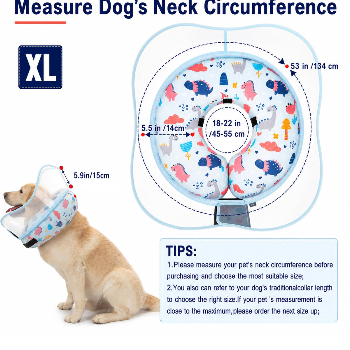 Inflatable Dog Cone Collar for Large Medium Small Dogs (Dinosaur / X-Large)