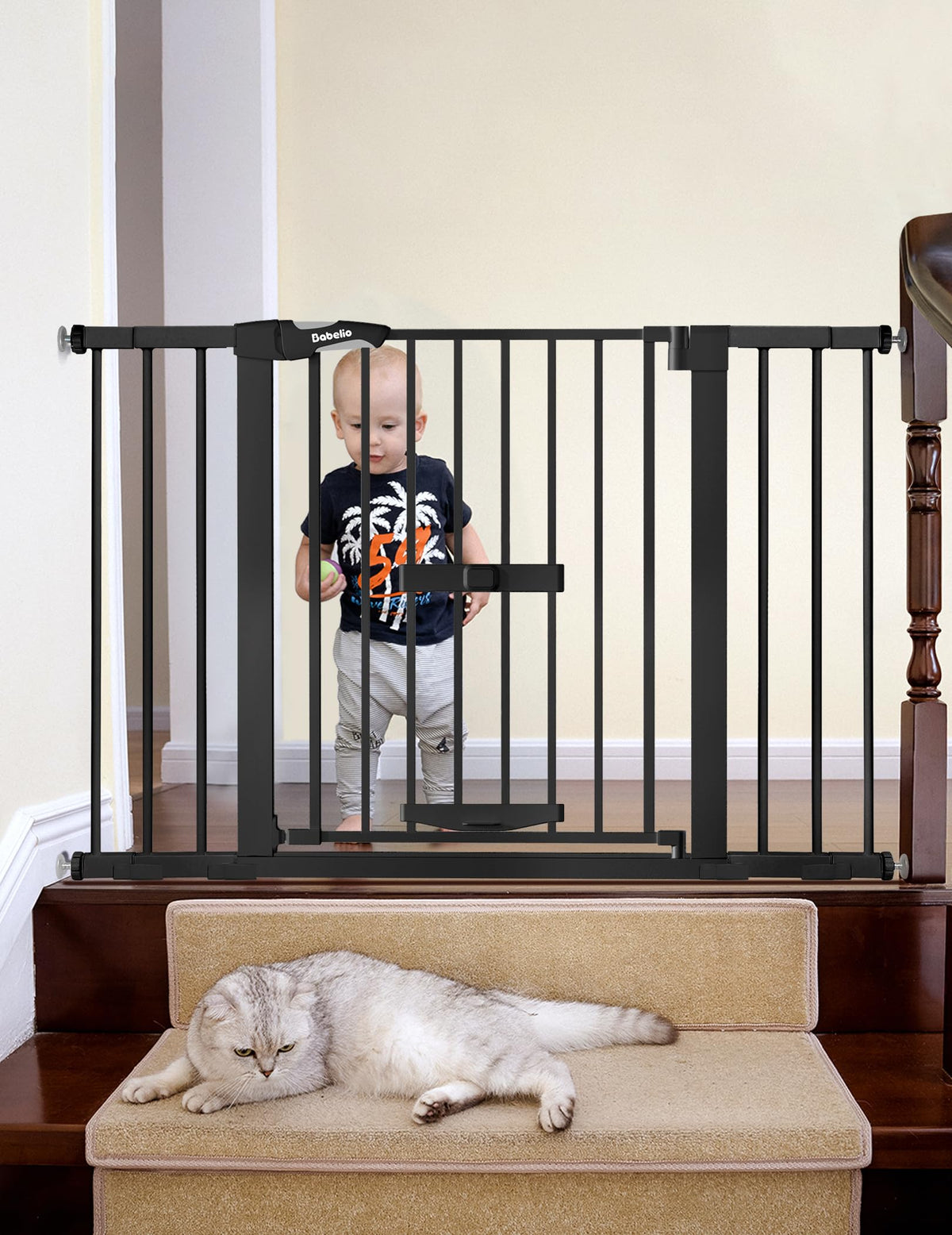 Extra Wide Dog Gate with Cat Door (Black / 29-48" Wide, 30" Tall)