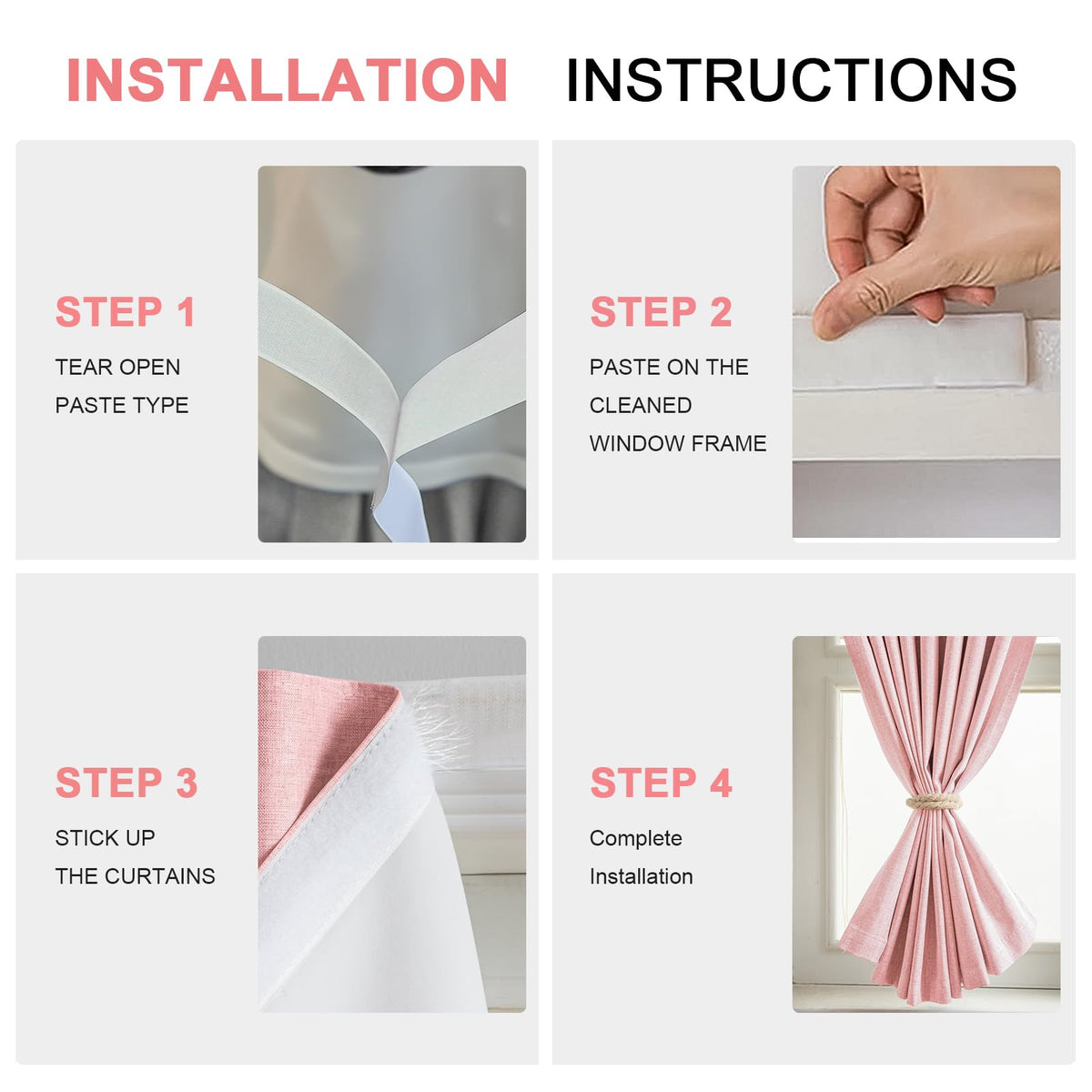 100% Blackout Stick on Self Stick Curtains (Light Pink / 46"W x 72"H)