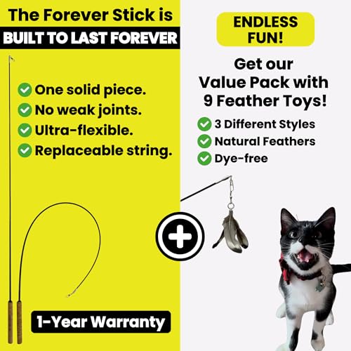 Forever Stick Cat Wand Toy with 9 Feather Refills (Forever Stick and 9 Feather Toys)