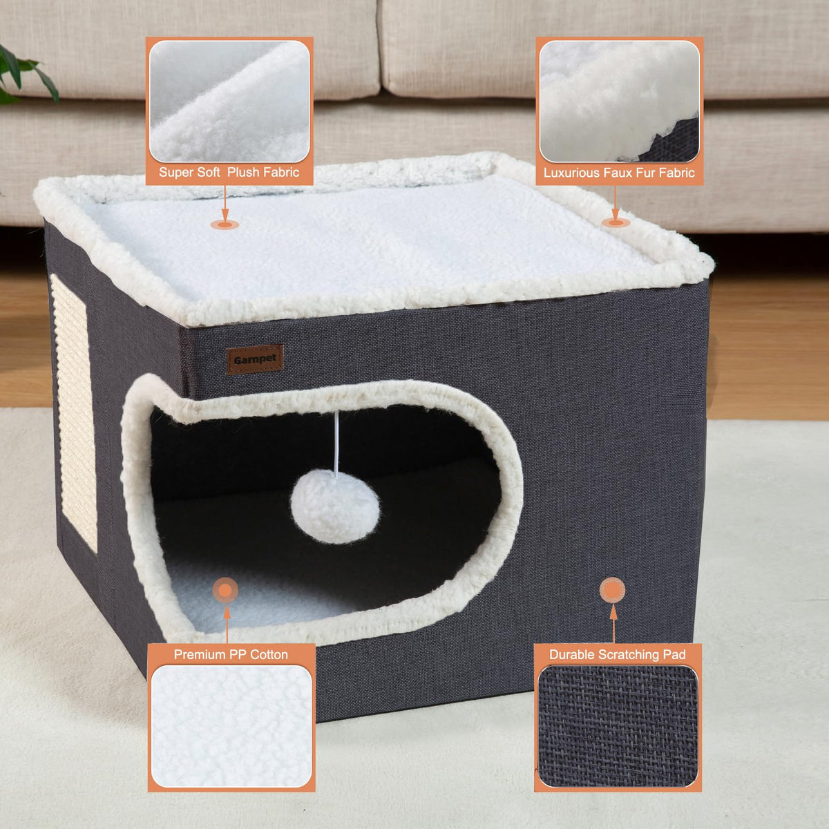 Cat Bed for Indoor Cats Cube House (16.5"D x 16.5"W x 13"H / Dark Grey)