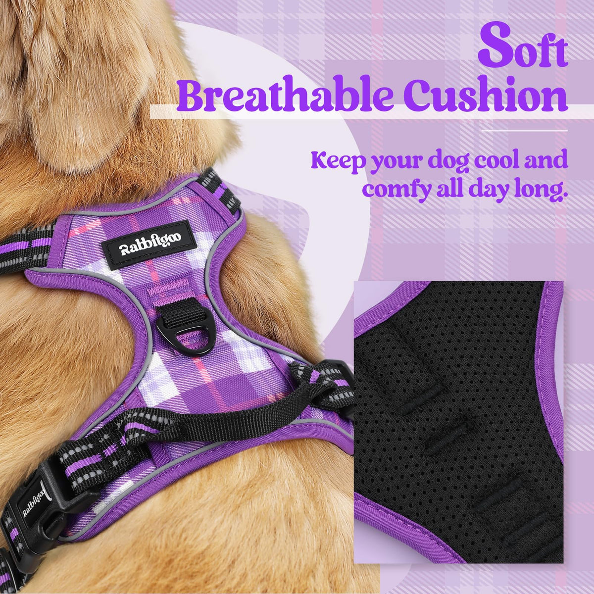 Dog Harness No Pull for Small Dogs with 2 Leash Clips (Small / Purple Plaid)