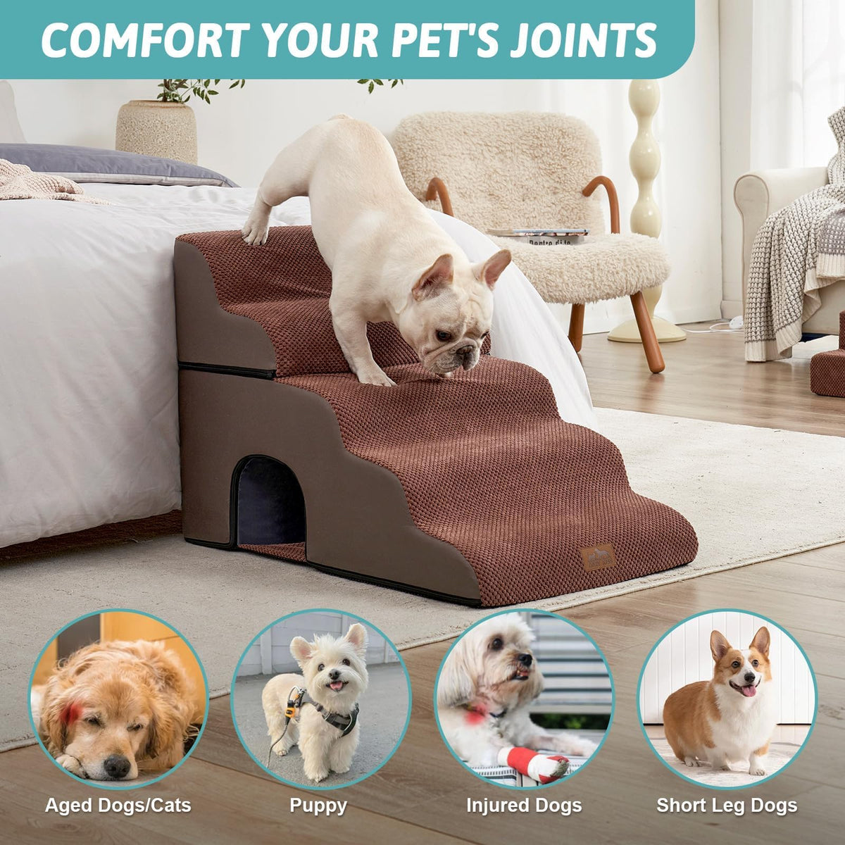 Extra Wide Small Dog Stairs with Tunnel (Brown / Detachable 19.7" x 33" x 22.4")