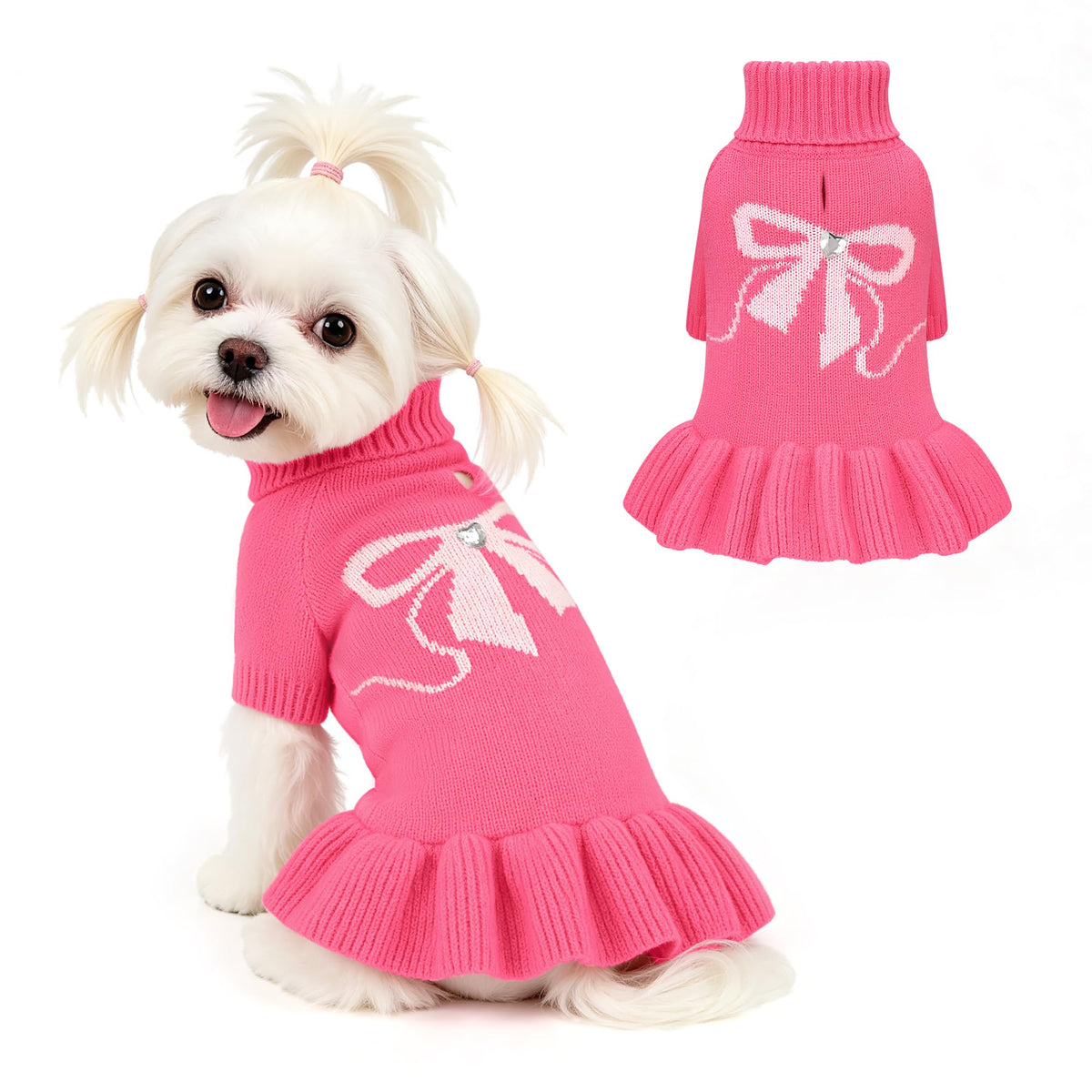 Bowknot Dog Sweater Dress for Small Dogs Girl (Medium (8-14lbs) / Rose Pink)