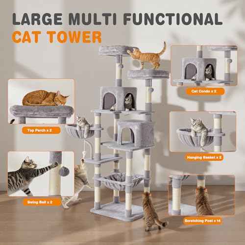 Tall 71 inch Cat Tree Tower with Scratching Posts (Light Grey / 71×21.3×17.3IN)