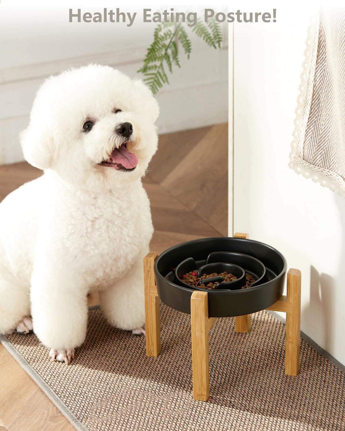 Ceramic Slow Feeder Dog Bowls Elevated (Black + Stand / 8 Inches)