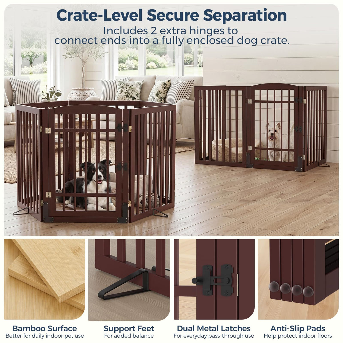 Dog Gate Indoor with Door (Espresso / 88"Wx30"H, 4-Panel)
