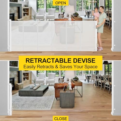 Reinforced 42" Tall x 130” Extra Wide Retractable Baby Gates Tall Dog Gate (White / Reinforced 42" Tall X 130" Wide)