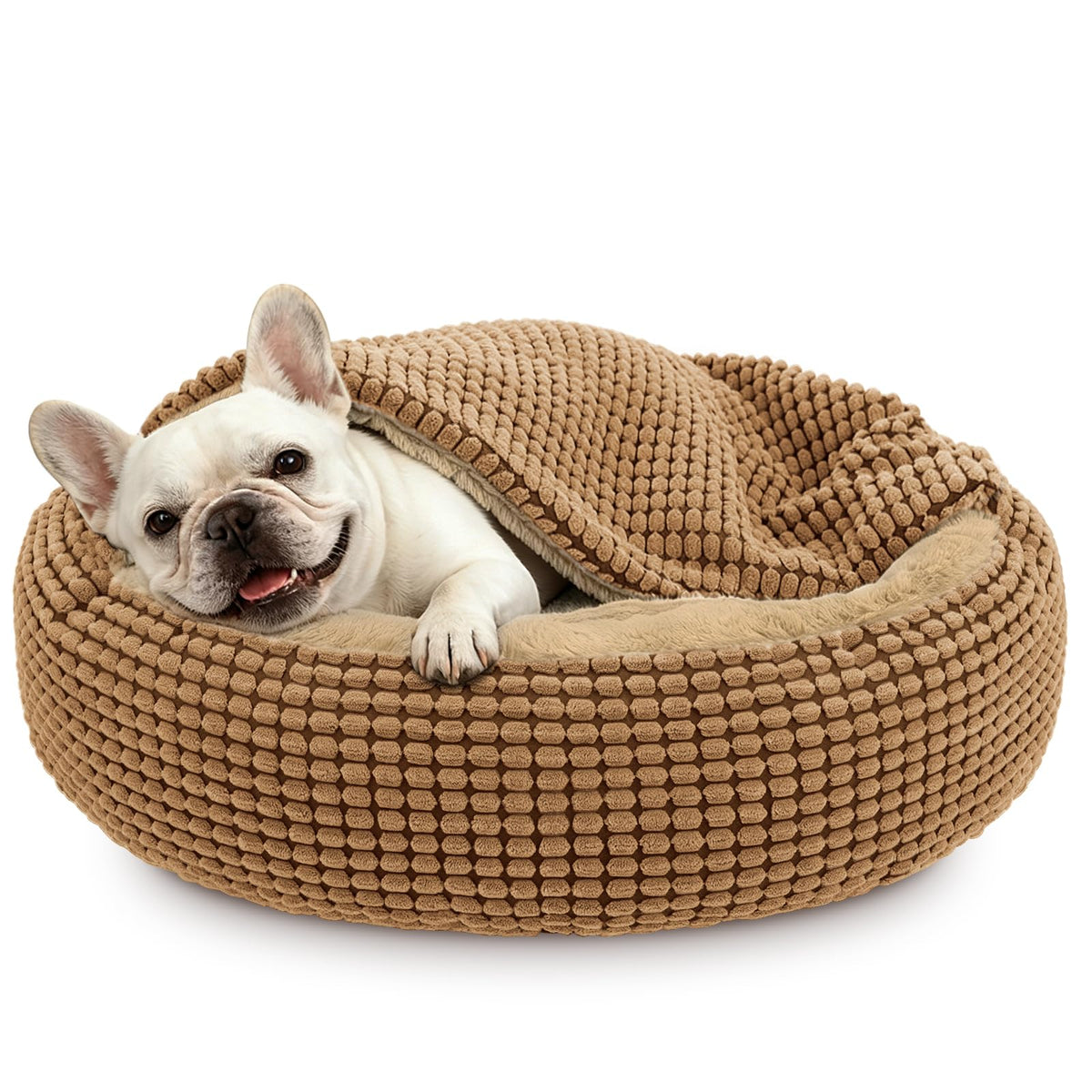Small Dog Bed with Attached Blanket (Light Brown / M(26''x26''x8''))