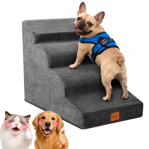 4 Step Curved Dog Stairs 19.7"H for Medium Dogs Standard Bed & Sofa (Deep Grey / 15.7x28.3x19.7in)