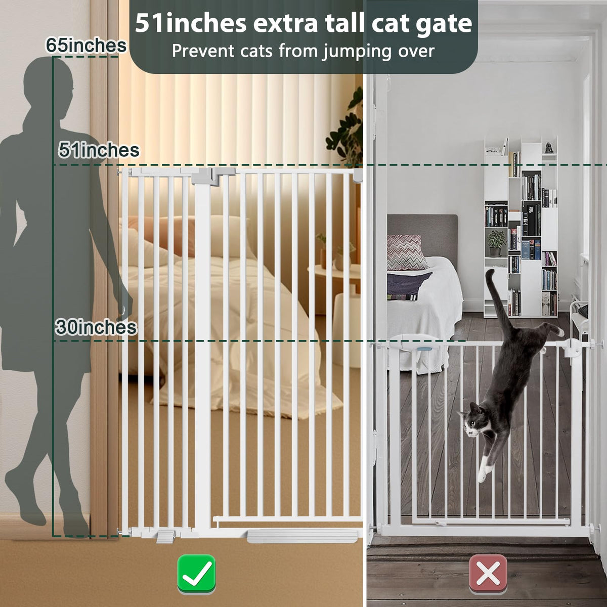 51'' Extra Tall Cat Gate for Doorways 30 (White-51"tall / 30''-49.2''Wide)
