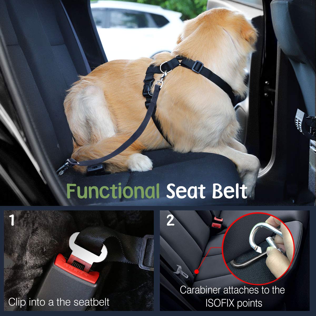 Dog Seat Belt Vest Harness for Car (Lake Blue / L (Chest: 22-32.3", Neck: 16.9-26"))