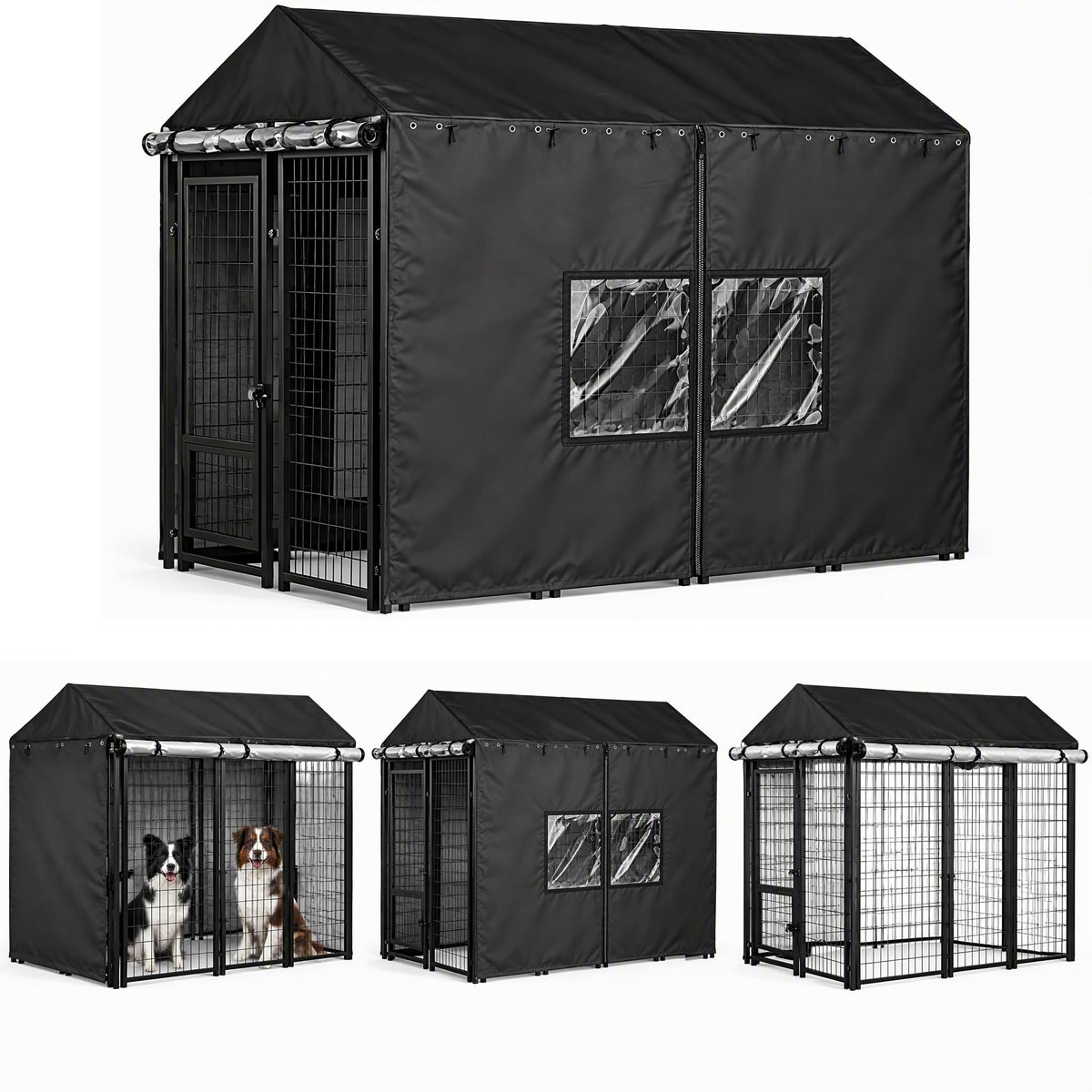 Outdoor Dog Kennel Cover 8x4x6ft with Clear PVC Windows & Roll (8'Dx4'Wx6'H)