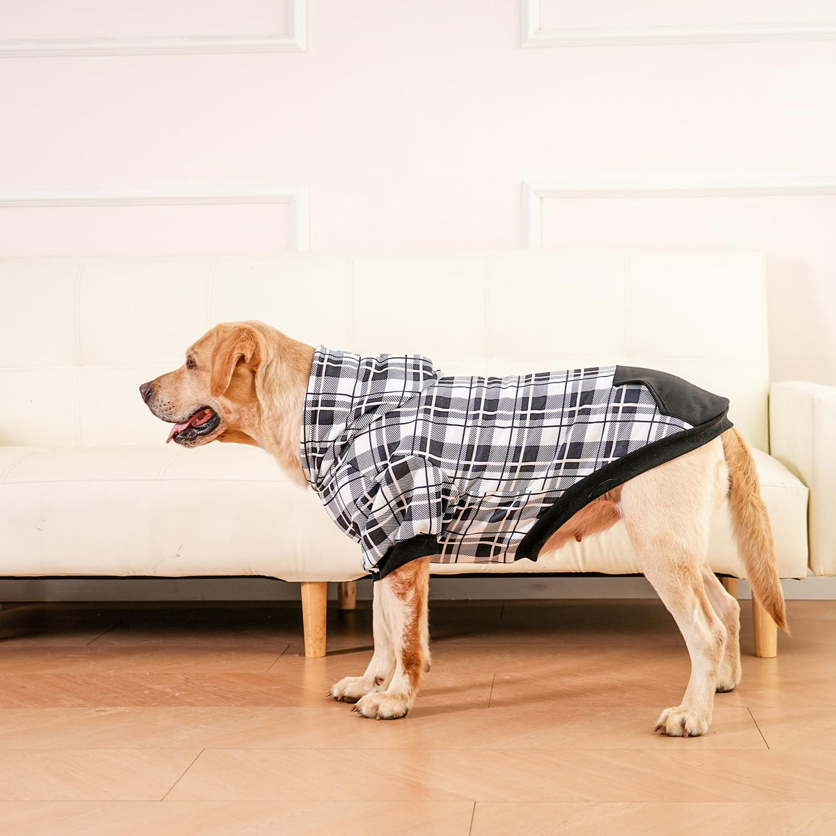 Plaid Dog Hoodie (Black & White / X-Large)