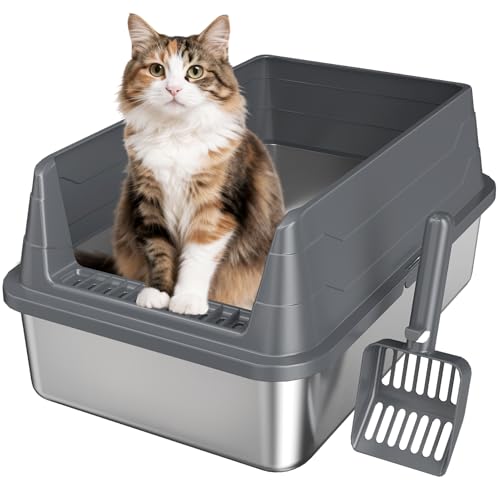 Stainless Steel Cat Litter Box Low Entry Litter Pan Include Scoop (Dark Grey M)