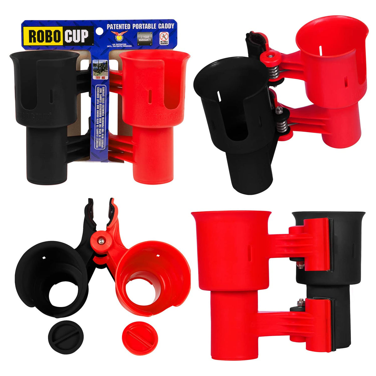 Red & Black), Patented Clamp On Boat Cup Holder | Multifunction Dual Drink Caddy for Fishing Poles, Tools, Net, Gaff | Portable Storage for Boating, Beach, Umbrellas, Golf Carts, Strollers (Black & Red / Standard Spring)