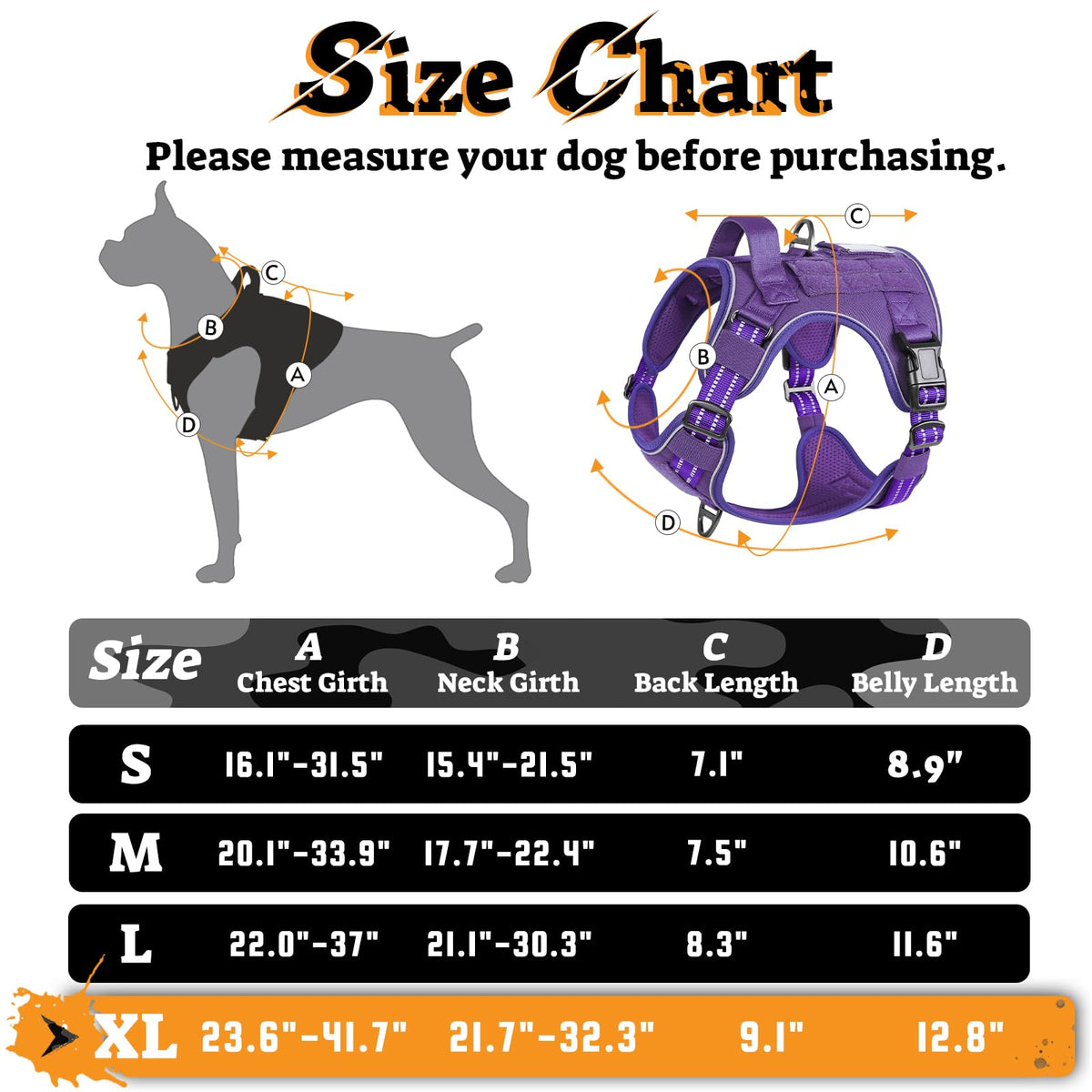 Tactical Dog Harness for Large Dogs (Xl(chest:23.6"-41.8",neck:21.7"-32.3",back:9.1") / Purple)