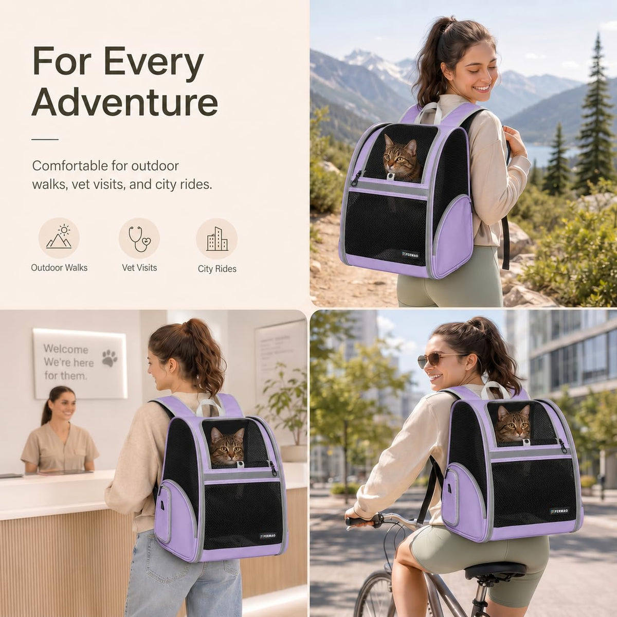 Cat Backpack Carrier for Small Dogs and Medium cat Puppy Kitten Bunny Pet Carrier Backpack Collapsible with Fully Ventilated Mesh with Safety Leash (Purple / 12.9"L x 10.6"W x 15.5"H)