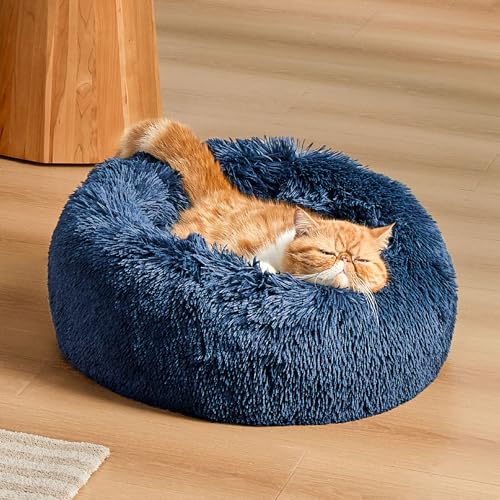 Calming Cat Beds Donut Round Washable Kitten Bed (20"L x 20"W x 6"Th / Navy)