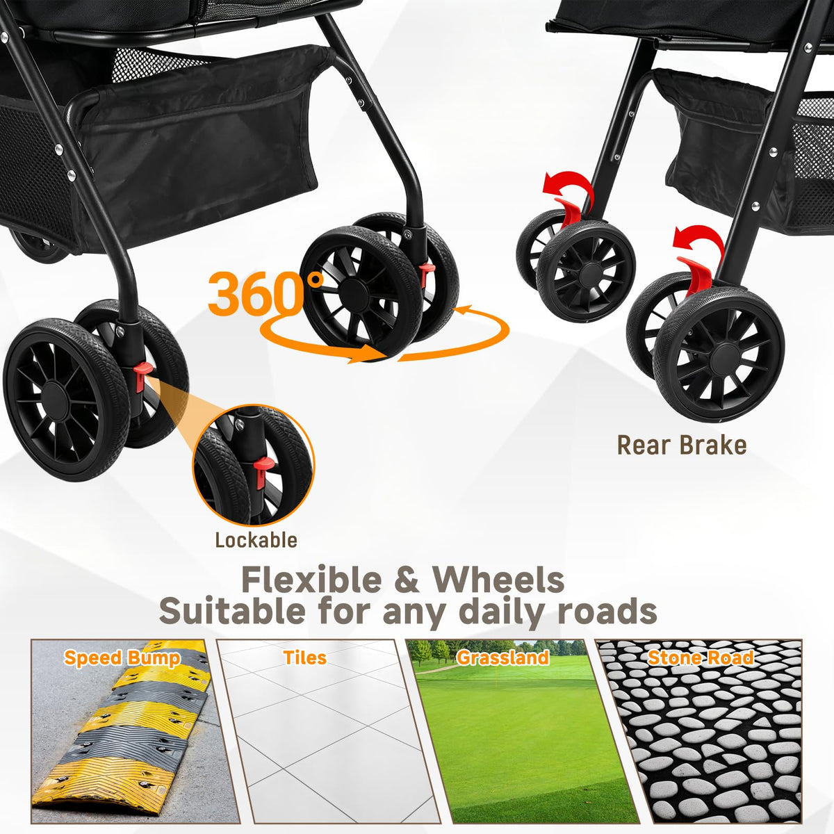 Pet Stroller for Small Dogs and Cats with 4 Wheels (Black)
