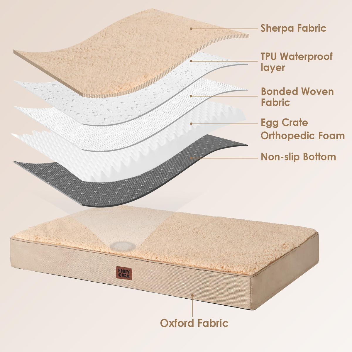 Orthopedic Dog Bed Large with Removable Washable Cover (47*29*3.5 inches / khaki)