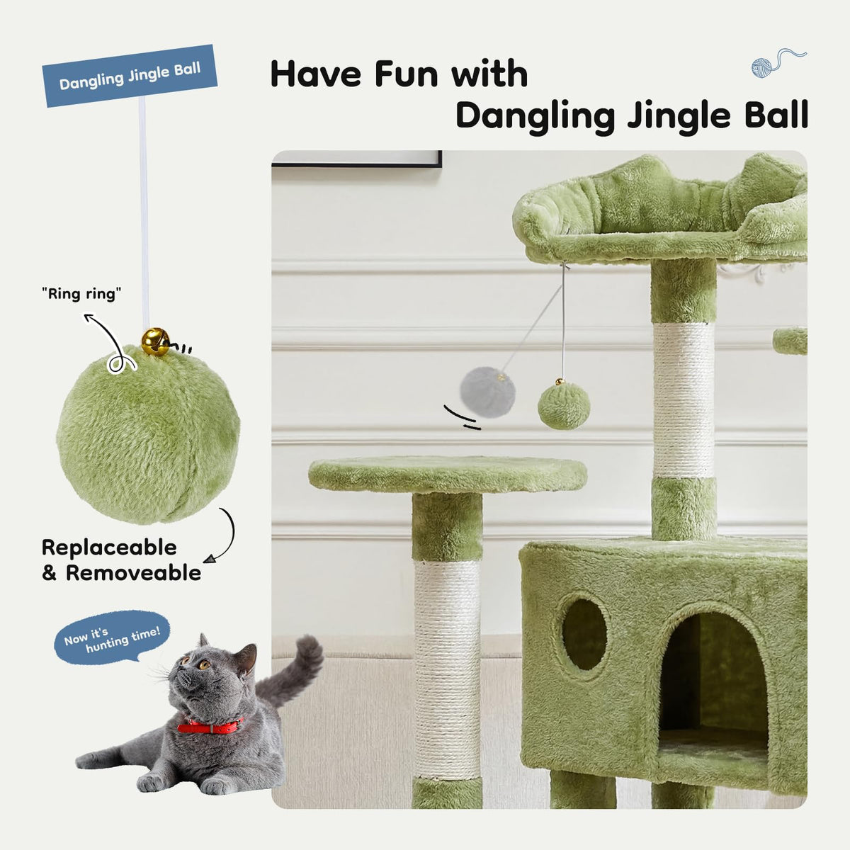 54 in Cat Tree Tower with Natural Sisal Scratching Post (Green / 54"×19.7"×19.7")